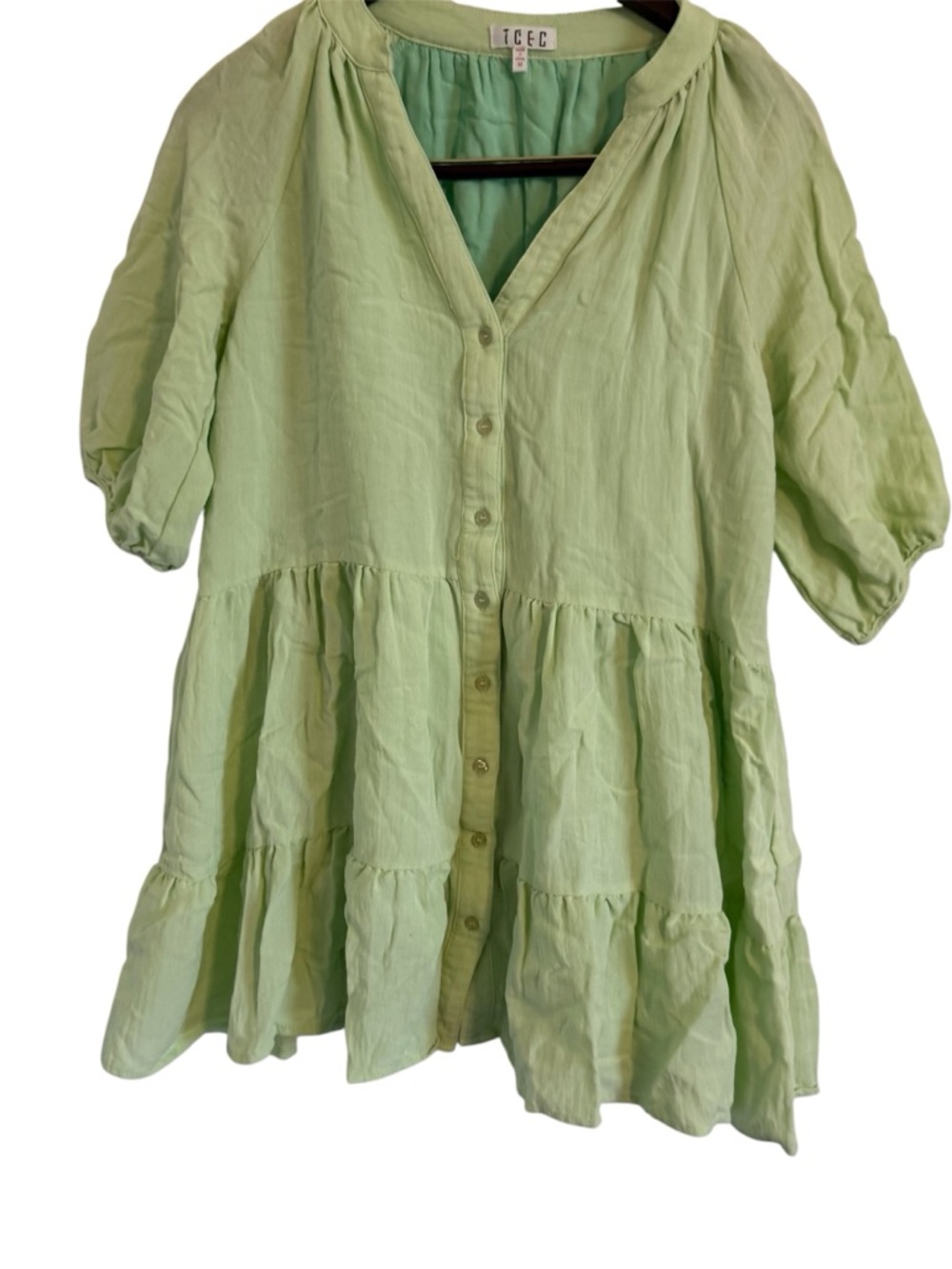 TCEC Mint Green Lightweight Blouse Tunic Tiered Short Sleeve Size Medium
